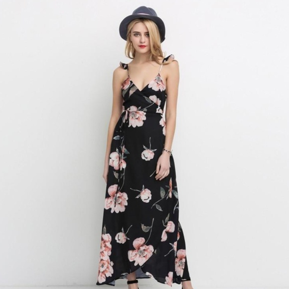Dresses & Skirts - NEW Floral Plunging Ruffle Wrap Black Maxi Dress